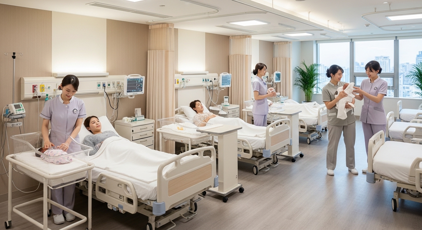 2026년 최신 시설을 갖춘 프리미엄 산후조리원 내부 인테리어와 전문 간호사의 케어 장면