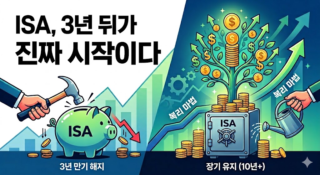 ISA 계좌 3년 만기 시 해지와 유지의 차이를 시각적으로 비교하는 그래픽 이미지.