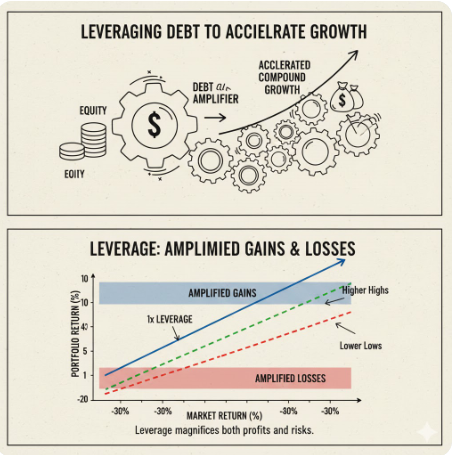 부채를 증폭 장치로 활용하여 복리 성장을 가속화하는 개념 일러스트