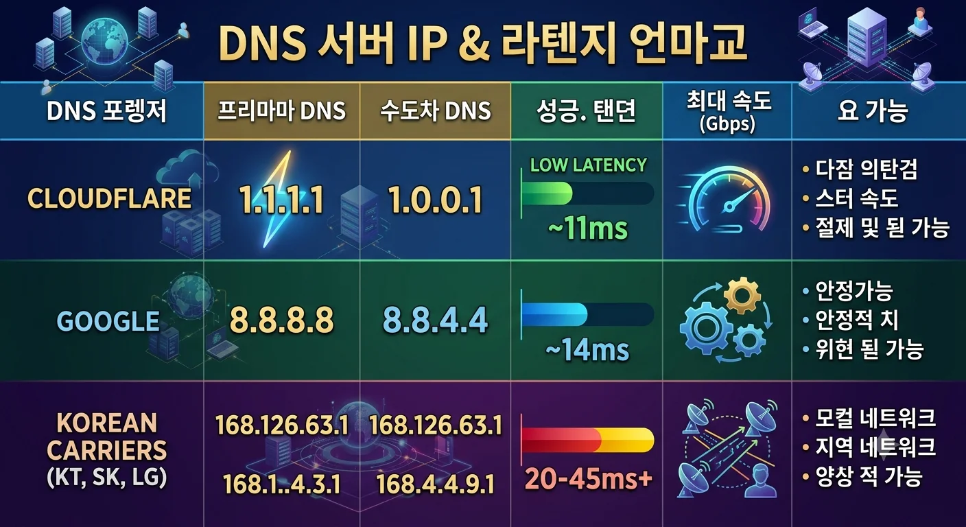 2026 추천 고속 DNS 서버 클라우드플레어 구글 통신사 주소 및 핑 레이턴시 비교표