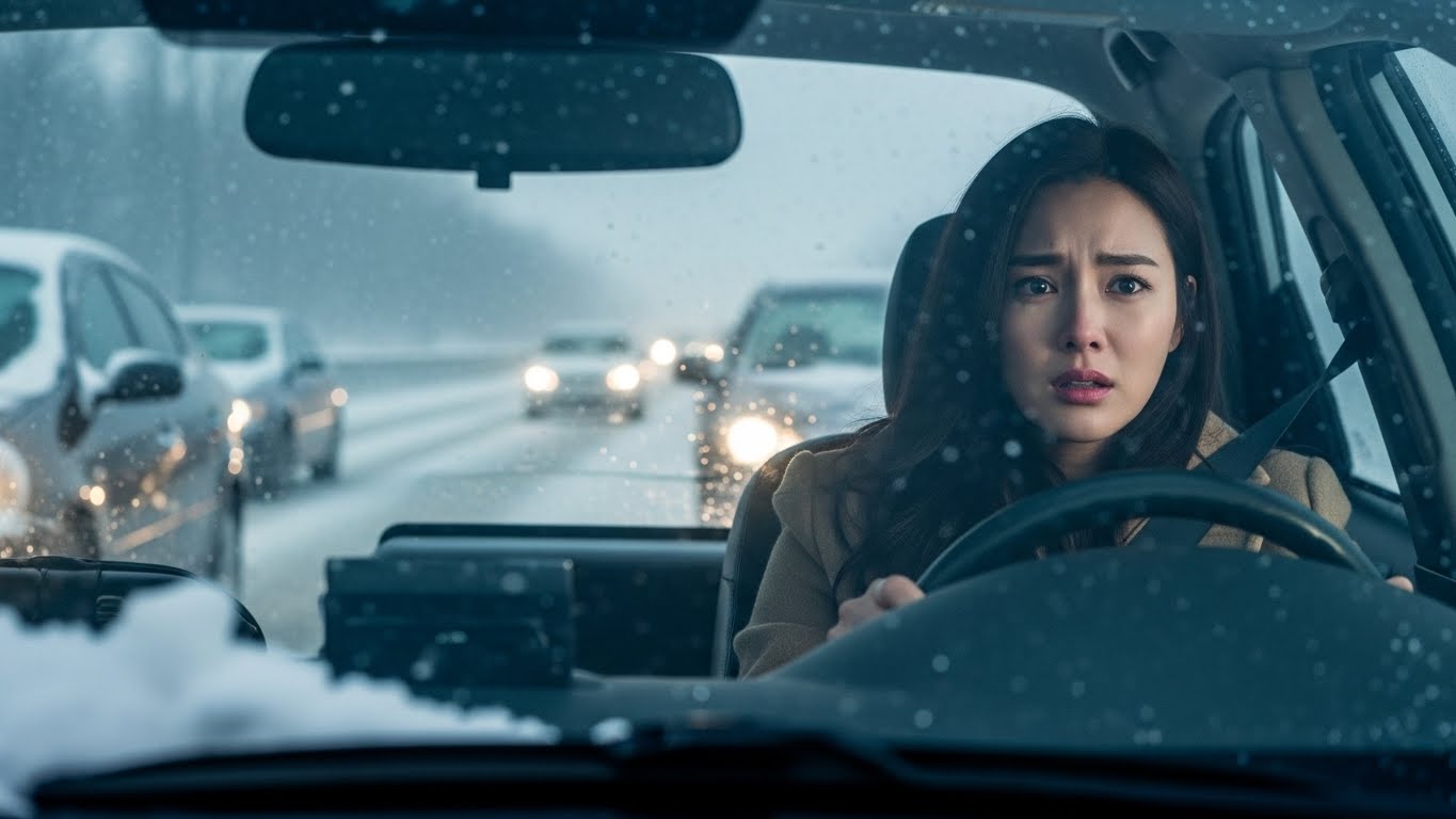 눈길에 운전하는 여성