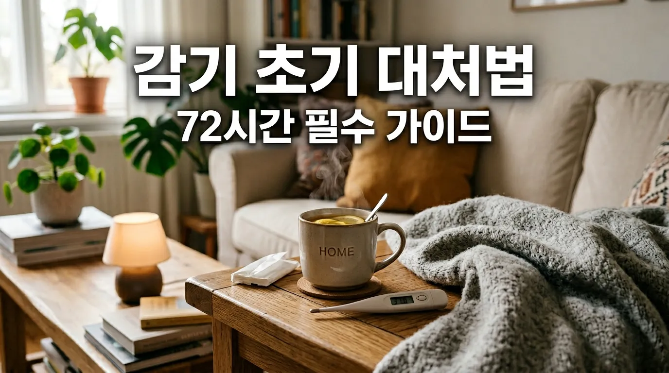 따뜻한 레몬차 잔 옆에 체온계와 담요가 놓인 거실 테이블