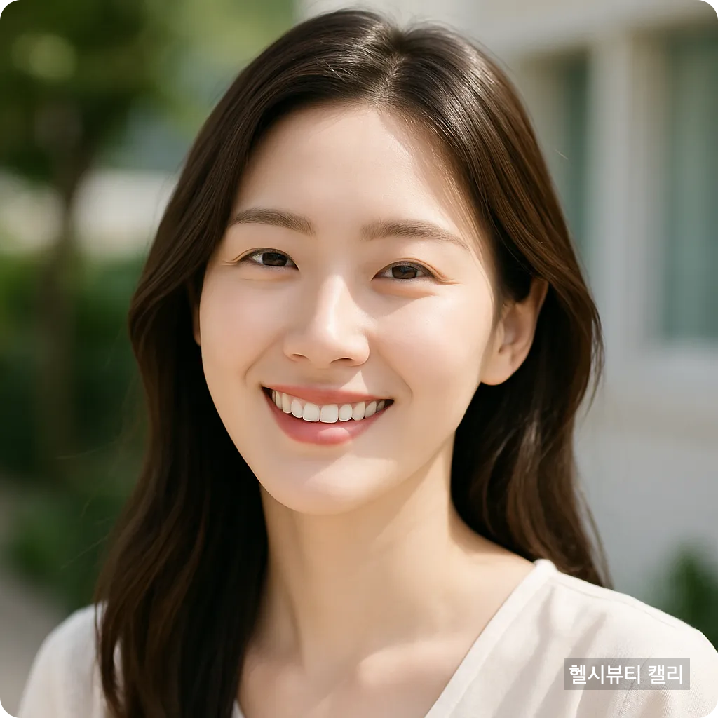 밝은 햇살 아래 미소 짓는 20대 여성의 인물 사진