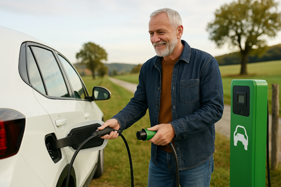 시골 전기차 충전소에서 외국인이 충전하는 사진