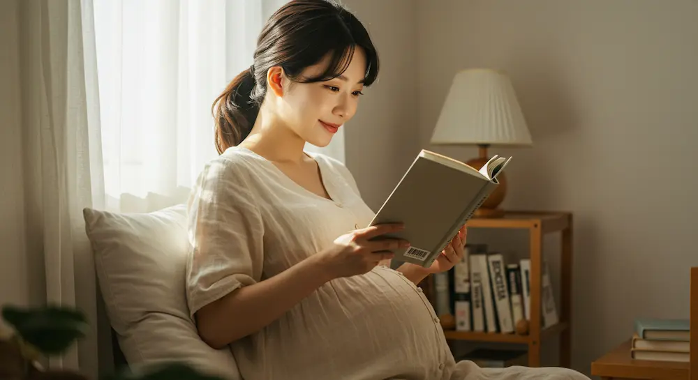 임신한 여성이 소파에 앉아 편안한 표정으로 책을 읽는 모습