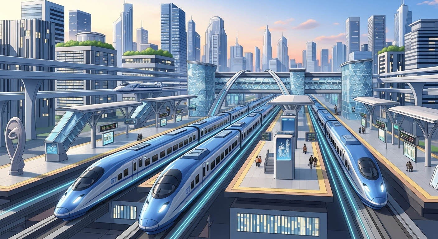 GTX 열차가 중앙 역으로 모이는 역동적인 모습의 일러스트.