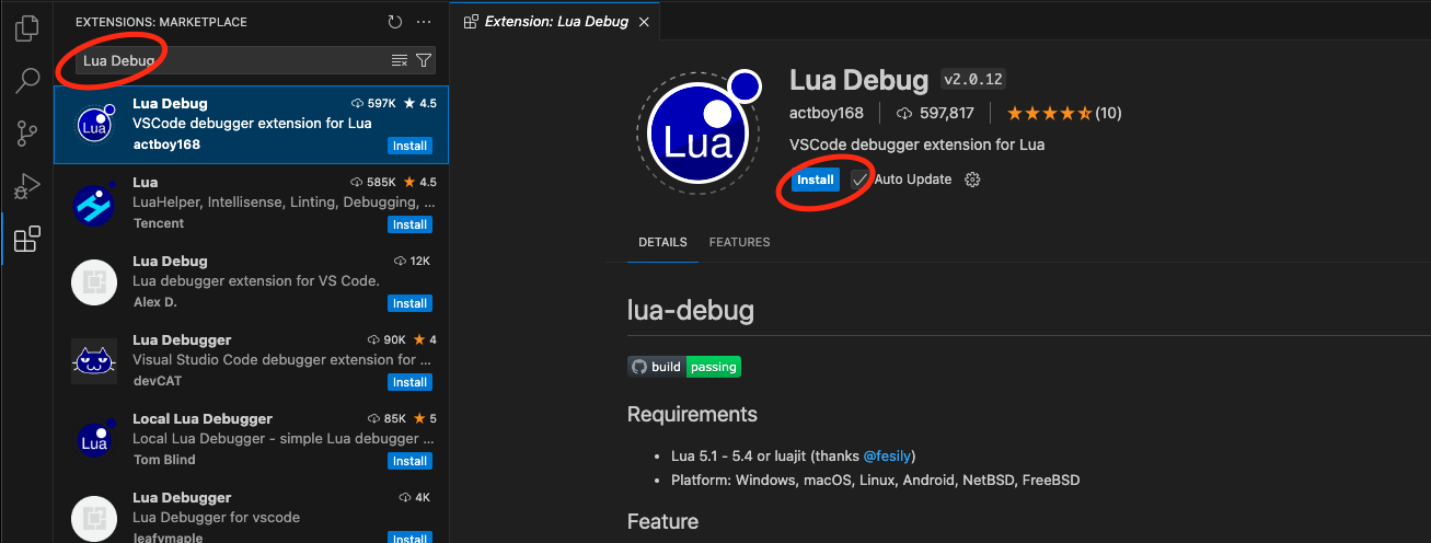 4. 루아 확장 프로그램 lua debug install