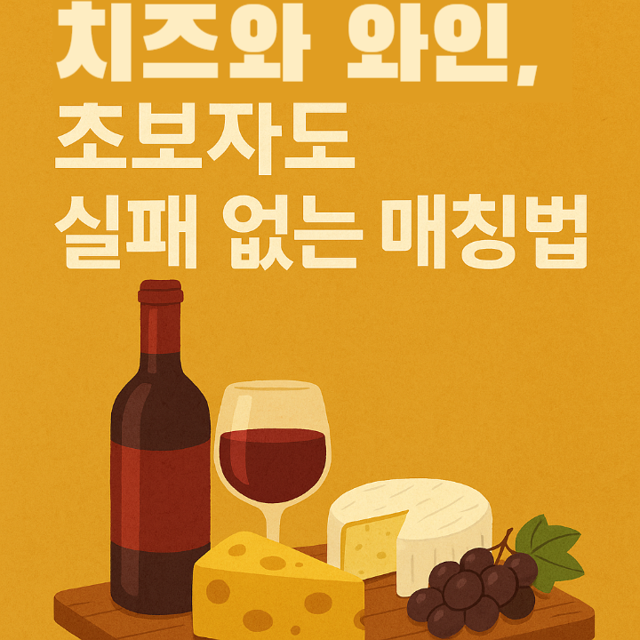 와인 한 병과 잔, 브리 치즈&middot;체다 치즈&middot;포도로 구성된 플레이트가 놓인 테이블 위에 '치즈와 와인, 초보자도 실패 없는 매칭법' 문구가 적힌 일러스트 썸네일