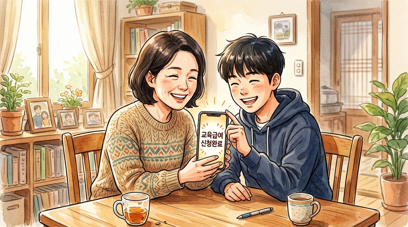 어머니와 고등학생 아들이 교육급여 바우처 신청에 성공하여 기뻐하고 있는 모습.