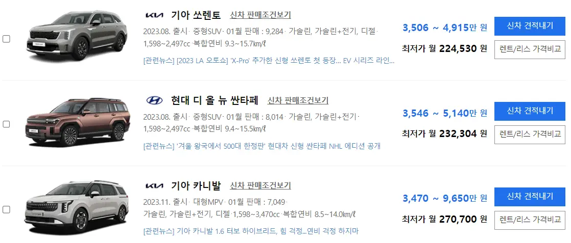 렌트카-신차 모양 및 가격안내