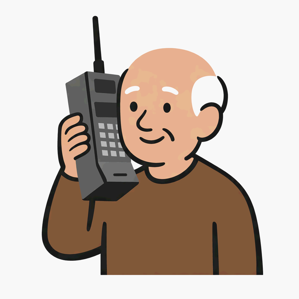 마틴 쿠퍼와 최초의 휴대폰을 형상화한 단순한 2D 벡터 일러스트이다.