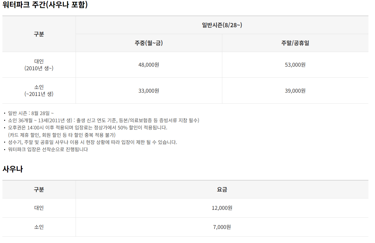 워터파크 및 사우나 요금