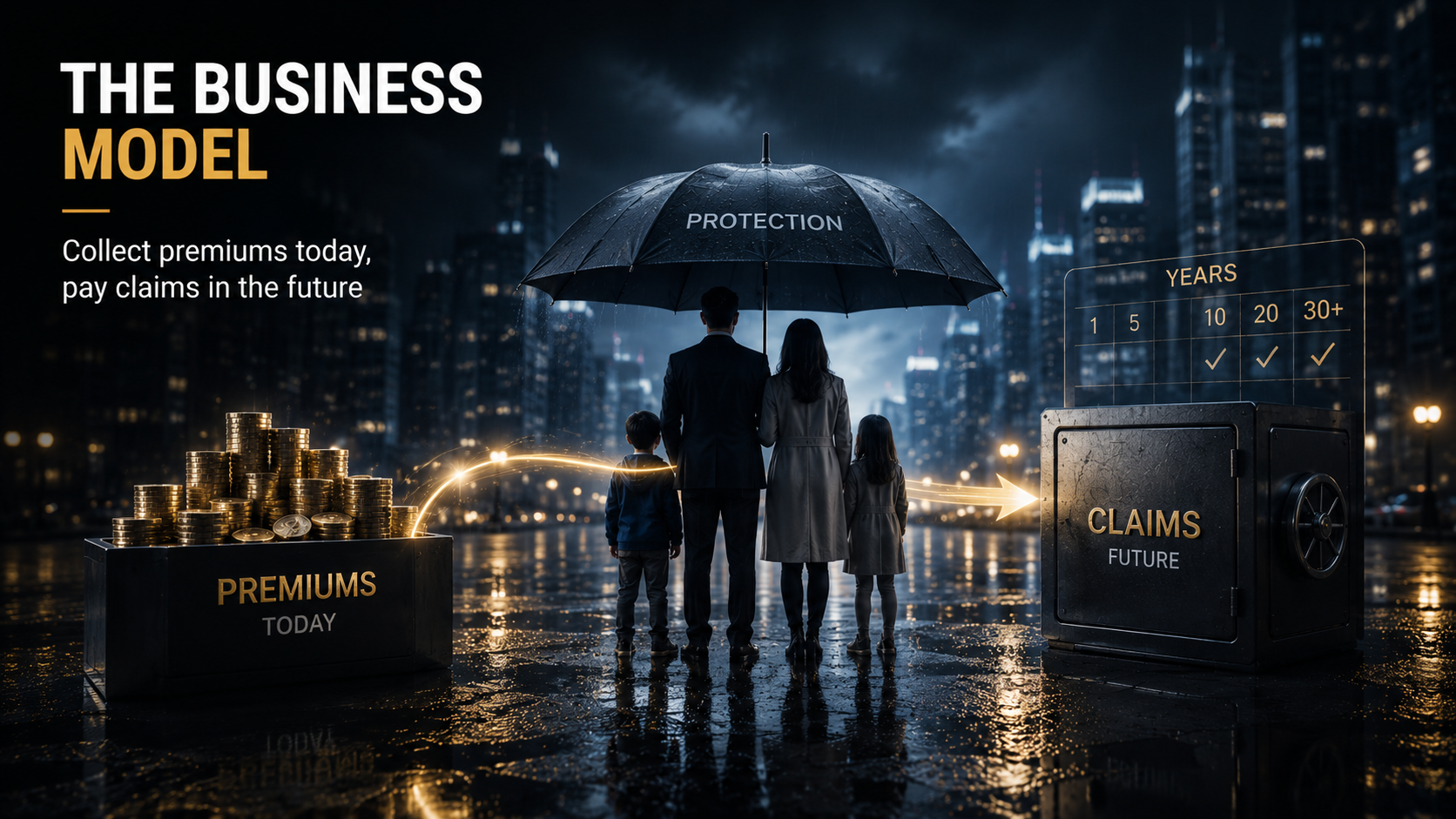 Insurance business model showing premiums collected today and claims paid in the future through risk protection.