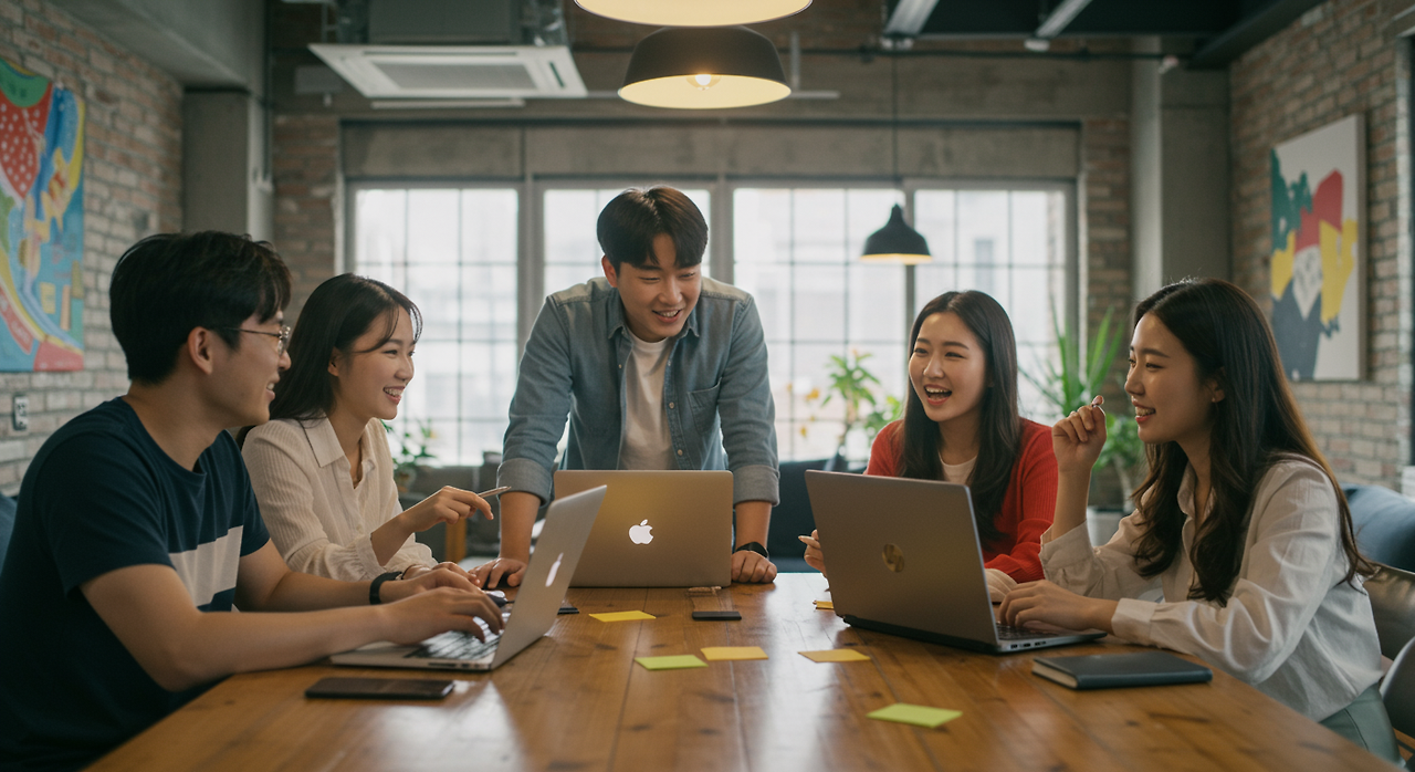 현대적인 공유 사무실에서 노트북을 펴고 암호화폐 트렌드를 논의하는 젊은 투자자들