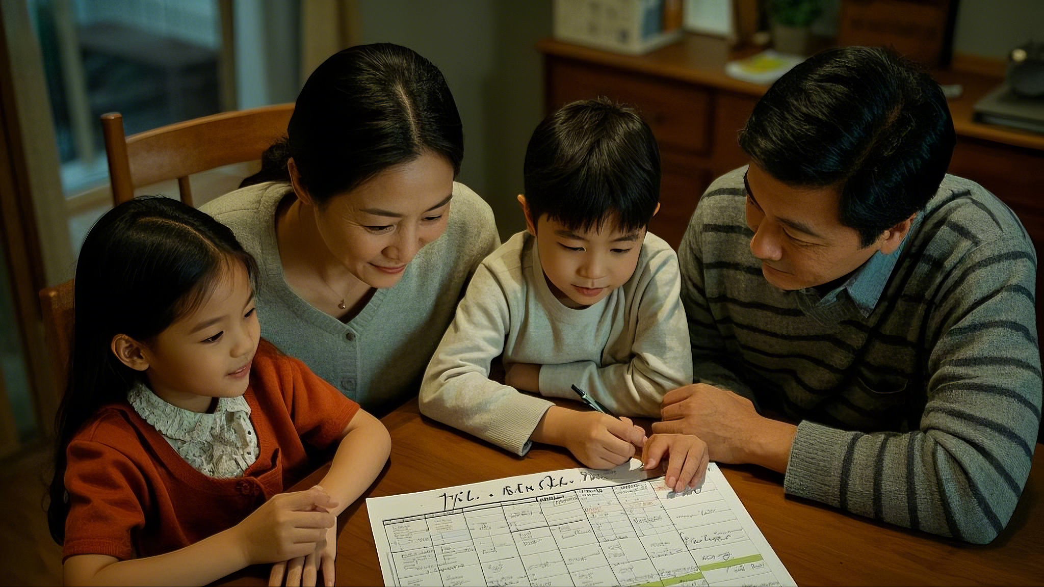 부모와 아이가 함께 계획을 세우는 모습