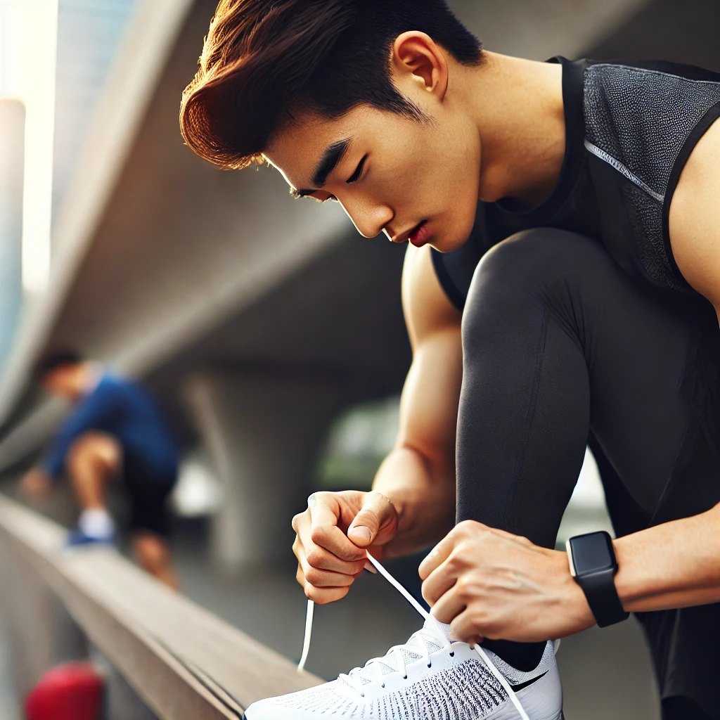 경기 준비를 위해 운동화 끈을 묶으며 집중하는 운동선수, 자기 자신을 믿는 자세와 결단력을 상징하는 장면