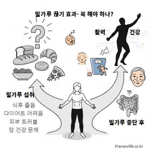 밀가루 섭취 시 발생하는 문제와 밀가루 끊기 효과로 얻는 건강·활력의 차이를 보여주는 이미지