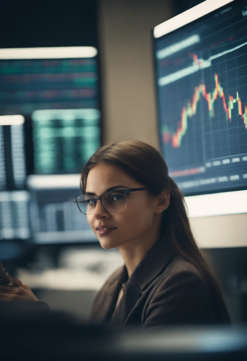 주식 그래프 앞에 있는 여자 이미지