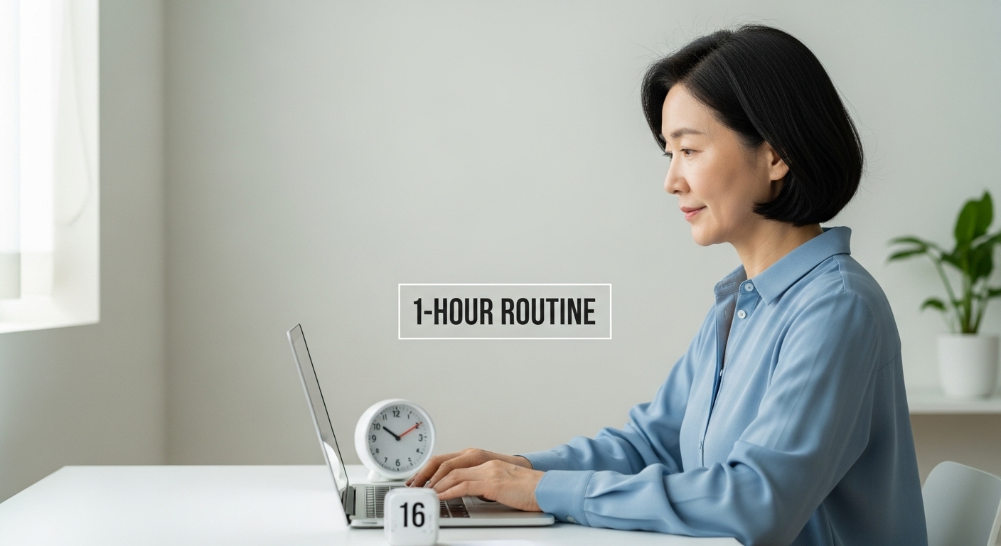 타이머 옆에서 블로그 글을 쓰는 여성