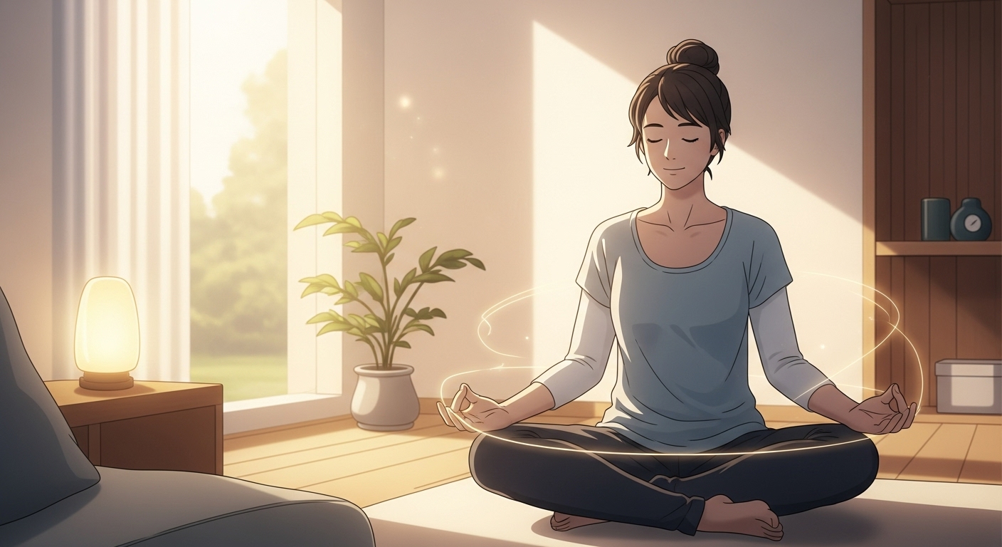 고요한 환경에서 편안하게 명상 하는 사람, 마음 챙김과 평온함을 상징함.