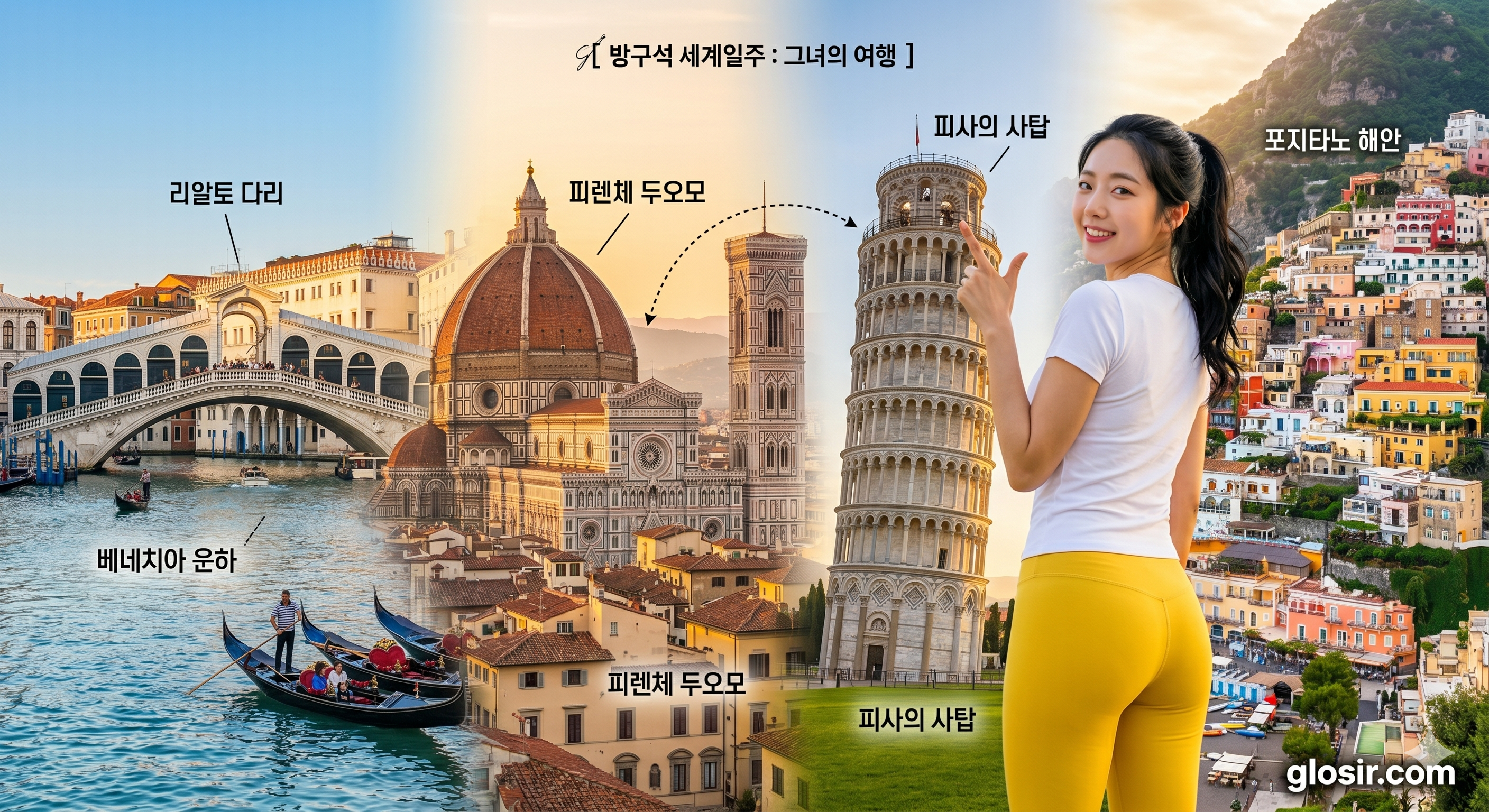 이탈리아 여러 명소 파노라마 배경을 향해 노란색 레깅스 바지를 입고 걸어가며 돌아보며 손가락 총을 쏘는 한국 여성과$$방구석 세계일주 그녀의여행$$glosir.com 브랜딩 콜라주