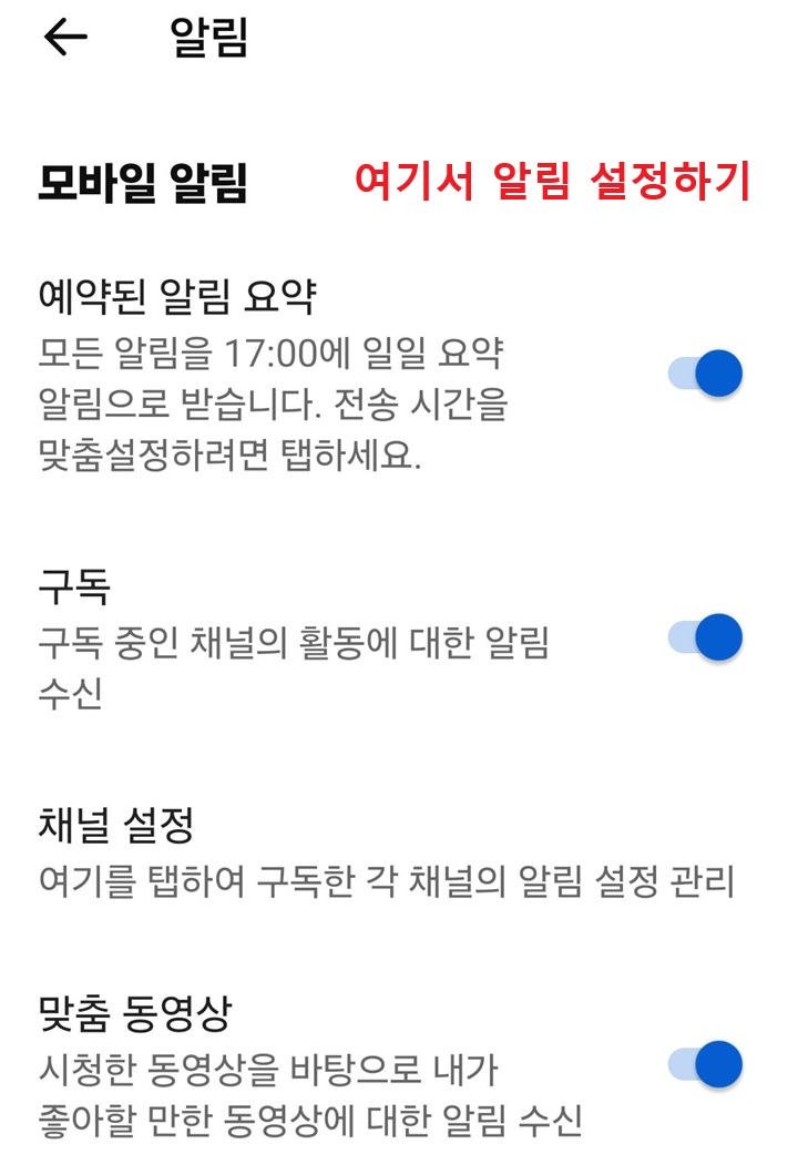 유튜브 알림 설정 페이지 보임