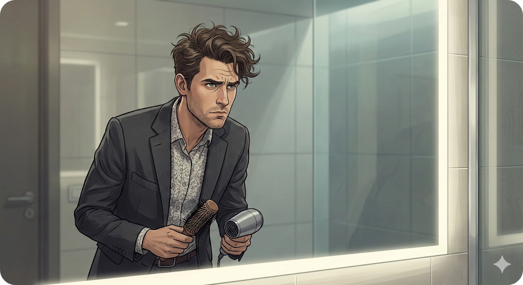 거울 앞에서 빗과 드라이기를 들고 고민하는 세련된 남성의 일러스트