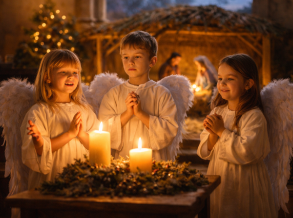 천사 복장을 한 아이들이 모여 기도하려고 준비하는 모습