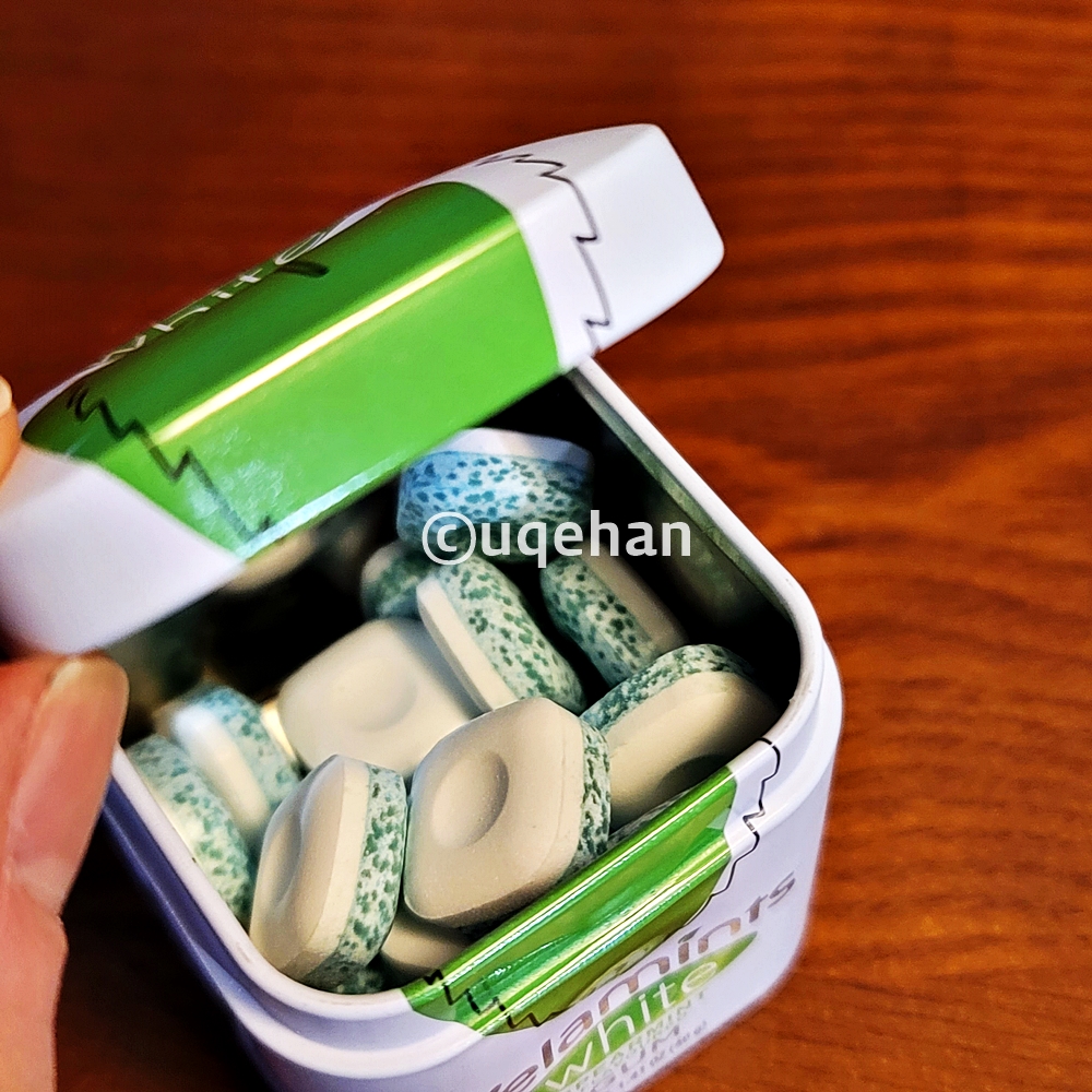 코스트코 벨라민트 화이트 스피어민트 추잉껌 틴케이스의 뚜껑을 열면 작은 껌들이 들어있다. 80G정도가 들어있다.