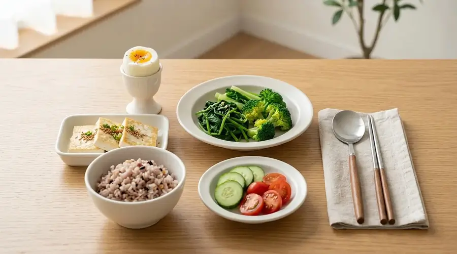 잡곡밥 소량, 두부구이, 삶은 달걀, 데친 채소, 오이와 토마토가 균형 있게 놓인 저염 한국식 아침 식탁, 국물과 가공육 없이 깔끔하게 구성된 건강한 한 끼