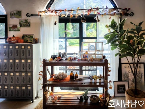 검단산 카페 윈터포레스트1224 포토존 &ndash; 창가에 꾸며진 감성 소품과 따뜻한 빛이 어우러진 공간