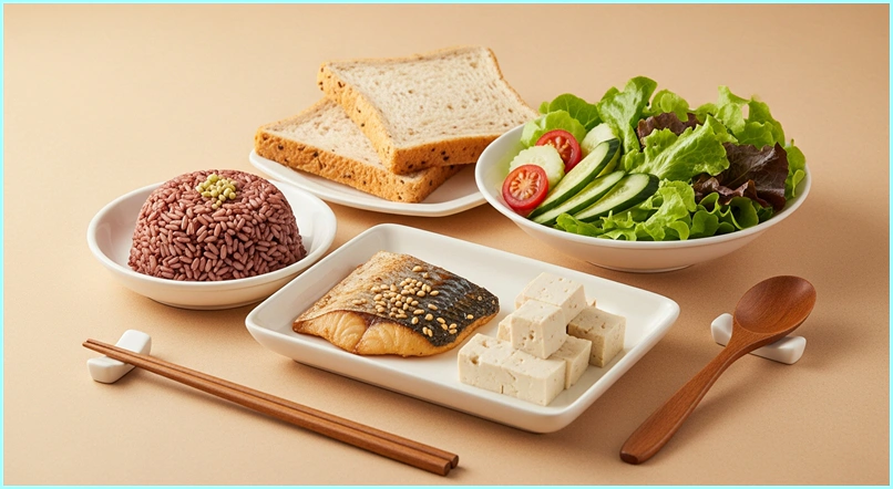 현미밥, 통밀빵, 채소 샐러드, 구운 생선, 두부가 조화롭게 놓인 정물화로, 저혈당 예방을 위한 균형 잡힌 건강 식단을 상징합니다.