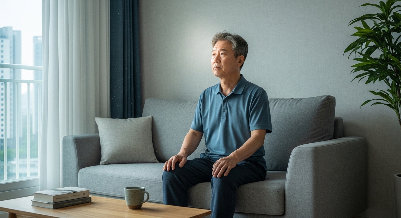 퇴직 후 거실 소파에 앉아 멍하니 창밖을 보는 60대 남성