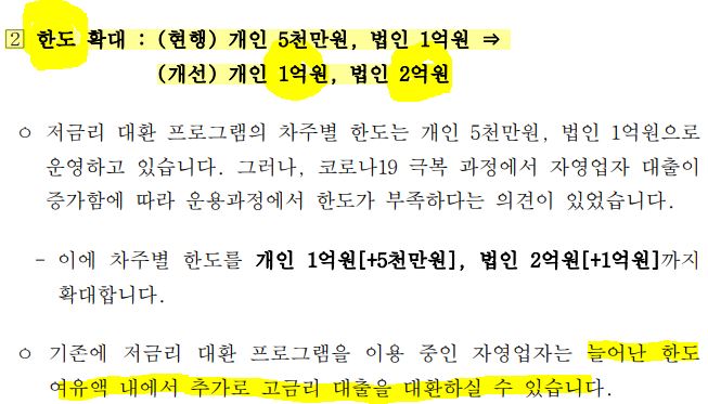 저금리 대환대출 한도가 개인 1억으로 확대되었습니다.