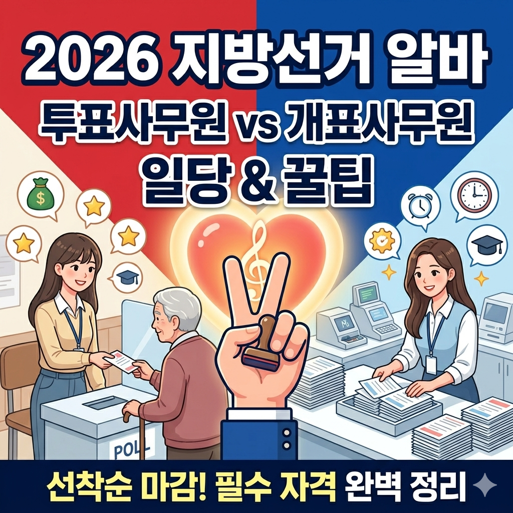 2026 지방선거 알바 모집 공고 이미지와 함께 투표사무원, 개표사무원 일당 안내 및 신청 방법 꿀팁이 적힌 화사하고 신뢰감 있는 썸네일 디자인