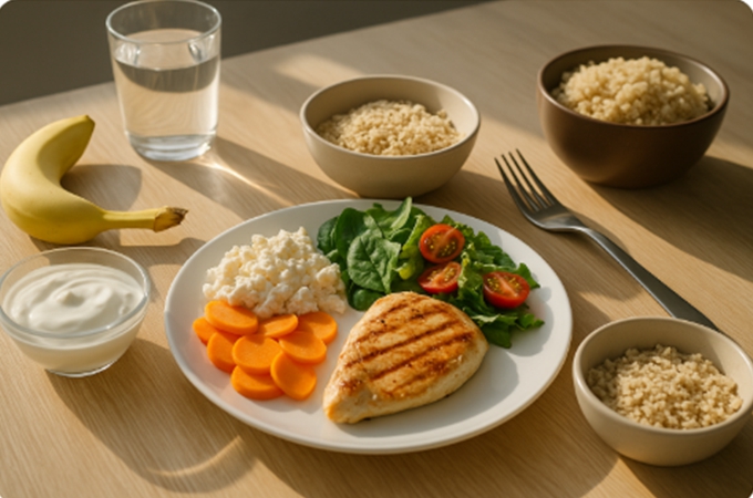 자연광이 비추는 식탁 위, 균형 잡힌 단백질 식사(구운 닭가슴살, 야채 샐러드, 당근, 코티지 치즈, 귀리, 요거트, 바나나, 물)로 구성된 건강한 식단 장면