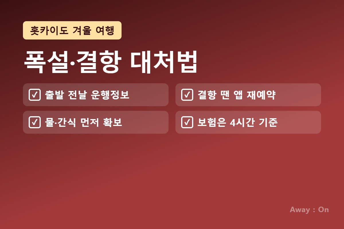 홋카이도 폭설·결항 대처법 — 출발 전날 운행정보, 결항 시 앱 재예약, 물·간식 확보, 여행자보험 4시간 기준