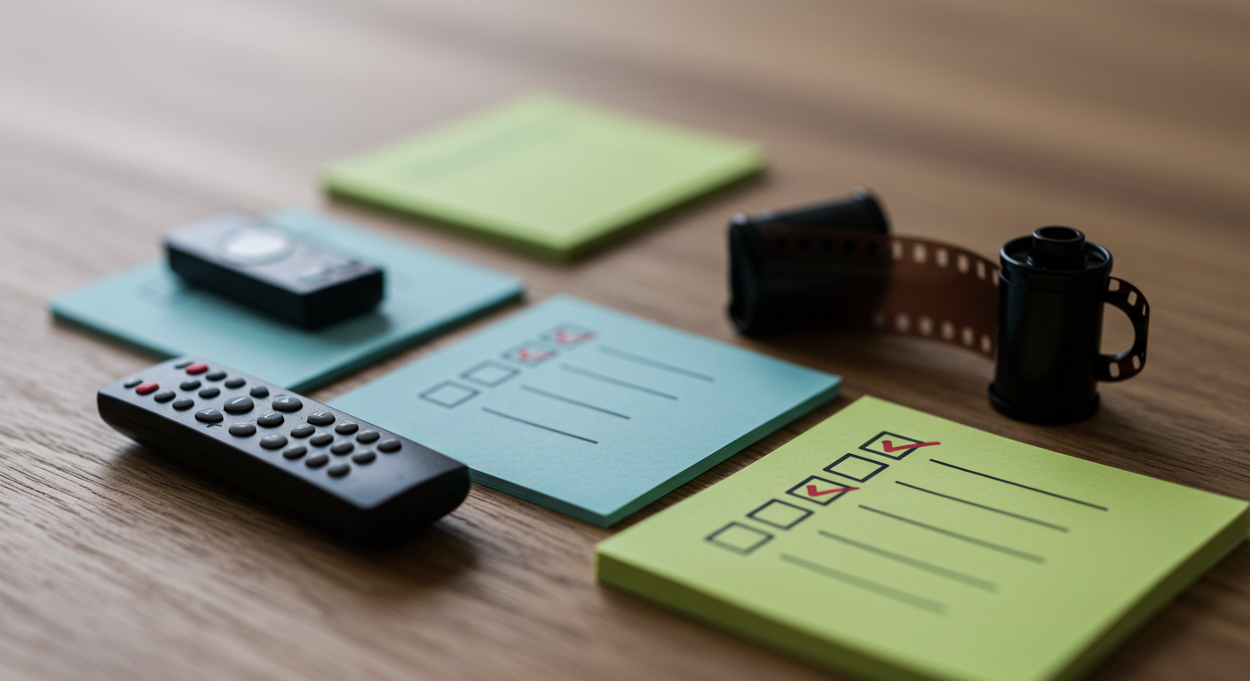 미니어처 리모컨, 작은 필름 롤, 스티키 노트 체크 표시 등으로 구성한 틸트쉬프트 팁 아이콘 이미지