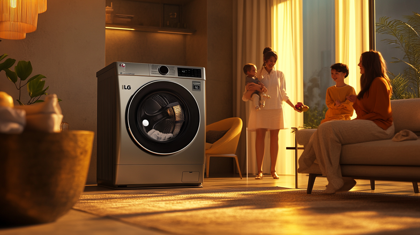 가족들이 함께 행복하게 소통하는 모습을 강조한 최신형 LG 24kg 세탁기, 뛰어난 AI 기능과 현대적인 디자인이 조화를 이루는 멋진 거실 인테리어.