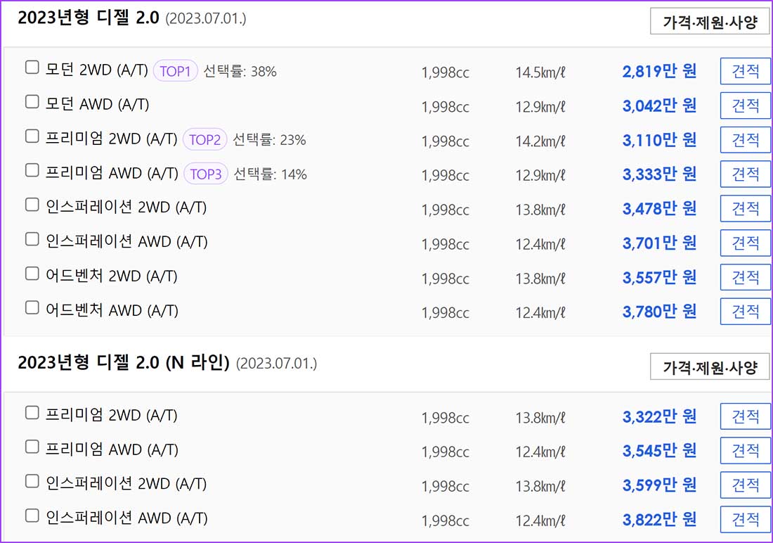 2023년형 투싼 가격표 카탈로그 다운로드