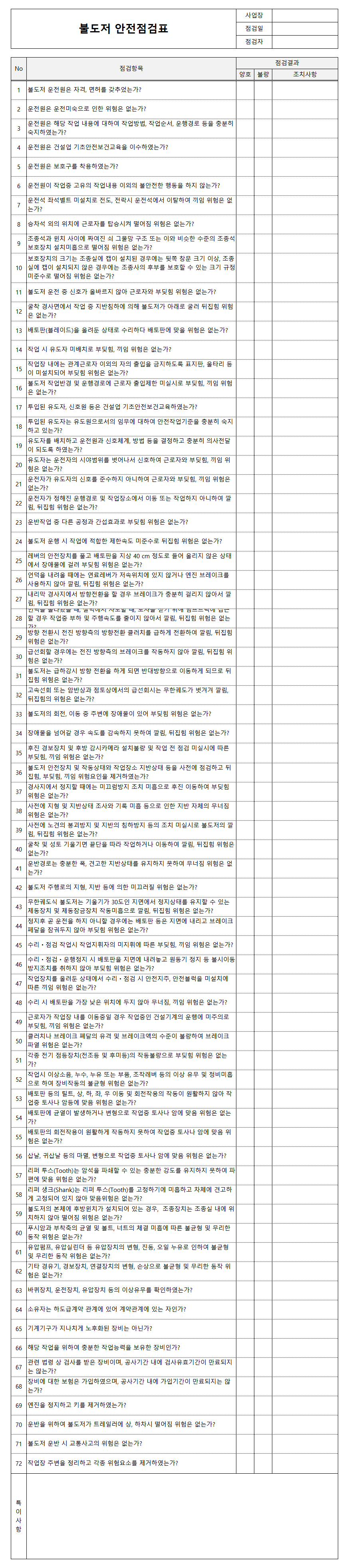 불도저 안전점검표