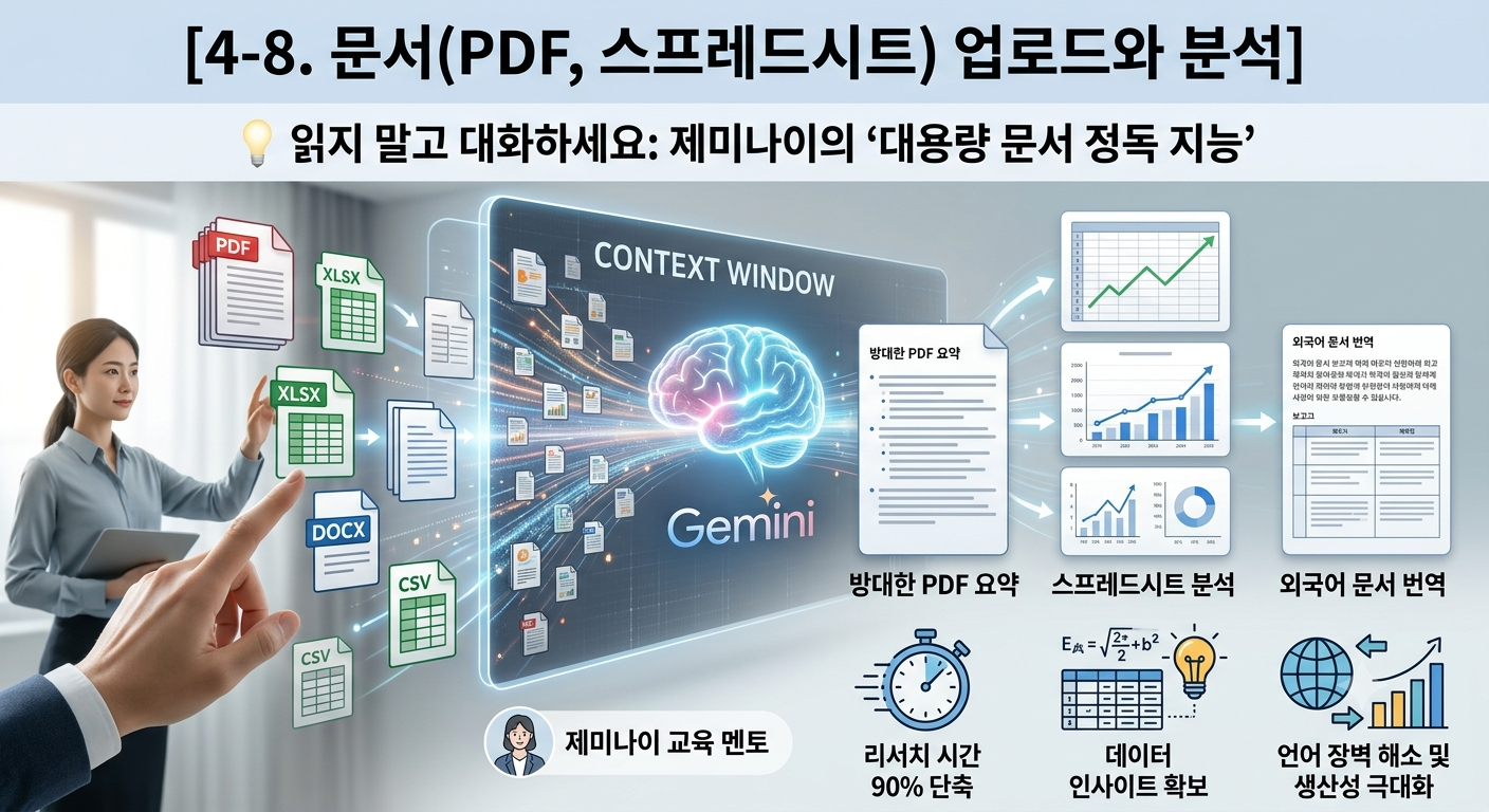 대용량 문서 정독 지능을 설명하는 일러스트. 한 사람이 손가락으로 PDF, XLSX(엑셀), DOCX(워드), CSV 문서 아이콘들을 제미나이의 거대한 '콘텍스트 윈도우(Context Window)' 안으로 밀어 넣고 있습니다. 데이터를 순식간에 분석한 AI가 우측 화면을 통해 방대한 PDF 논문 요약, 데이터 통계가 반영된 스프레드시트 분석 그래프, 그리고 외국어 문서가 표 형태로 깔끔하게 번역된 결과물을 출력해 줍니다.