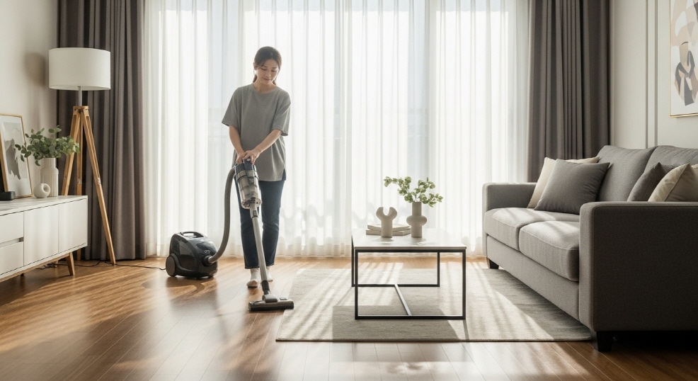 청소기 돌리는 아침의 거실