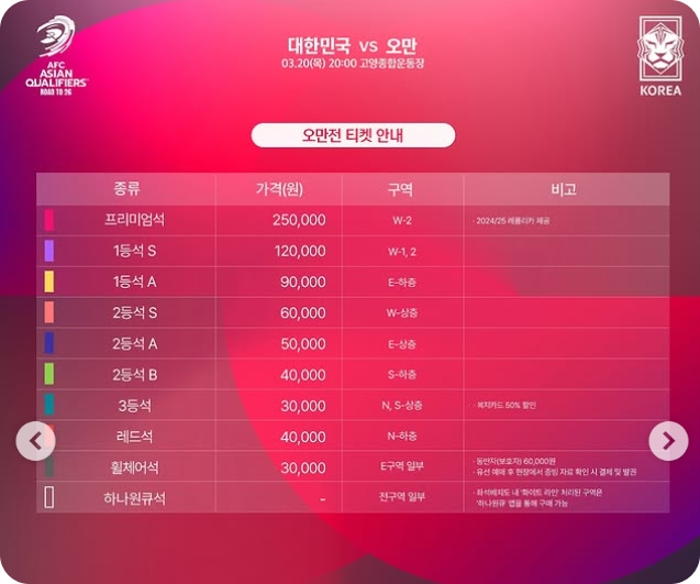 2025 3월 A매치 티켓 판매 일정 오만전