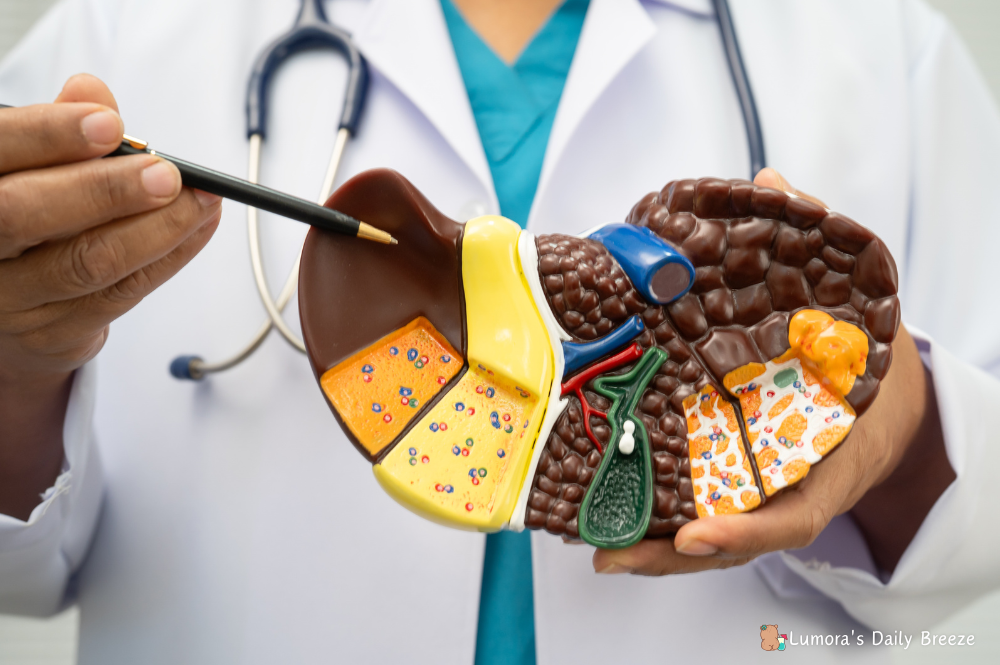 지방간과 콜레스테롤, 기름으로 해결될까 : 오메가3와 올리브오일 섭취에 있어 사람들이 오해하고 있는 부분을 해소하는 내용에 관한 의사가 간모형을 잡고 설명해주는 이미지.