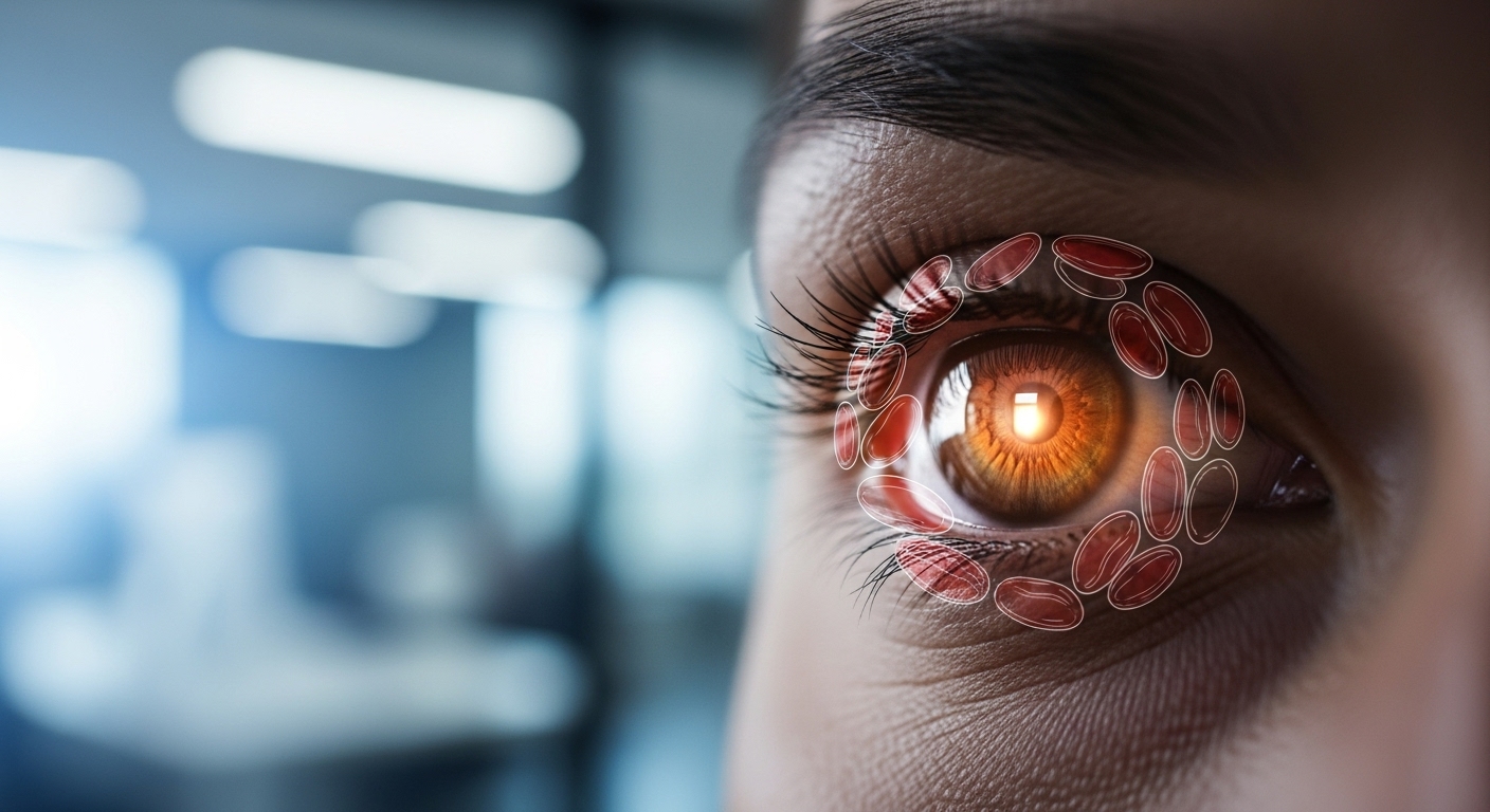 스마트폰을 보고 있는 사람의 눈과 구기자가 겹쳐져 눈 건강 보호를 시사하는 이미지