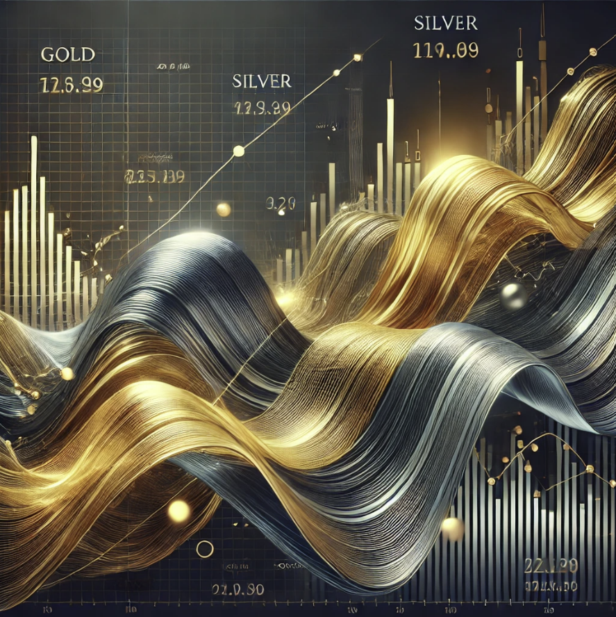 금 가격과 은가격의 50년 흐름 분석을 연상하는 이미지