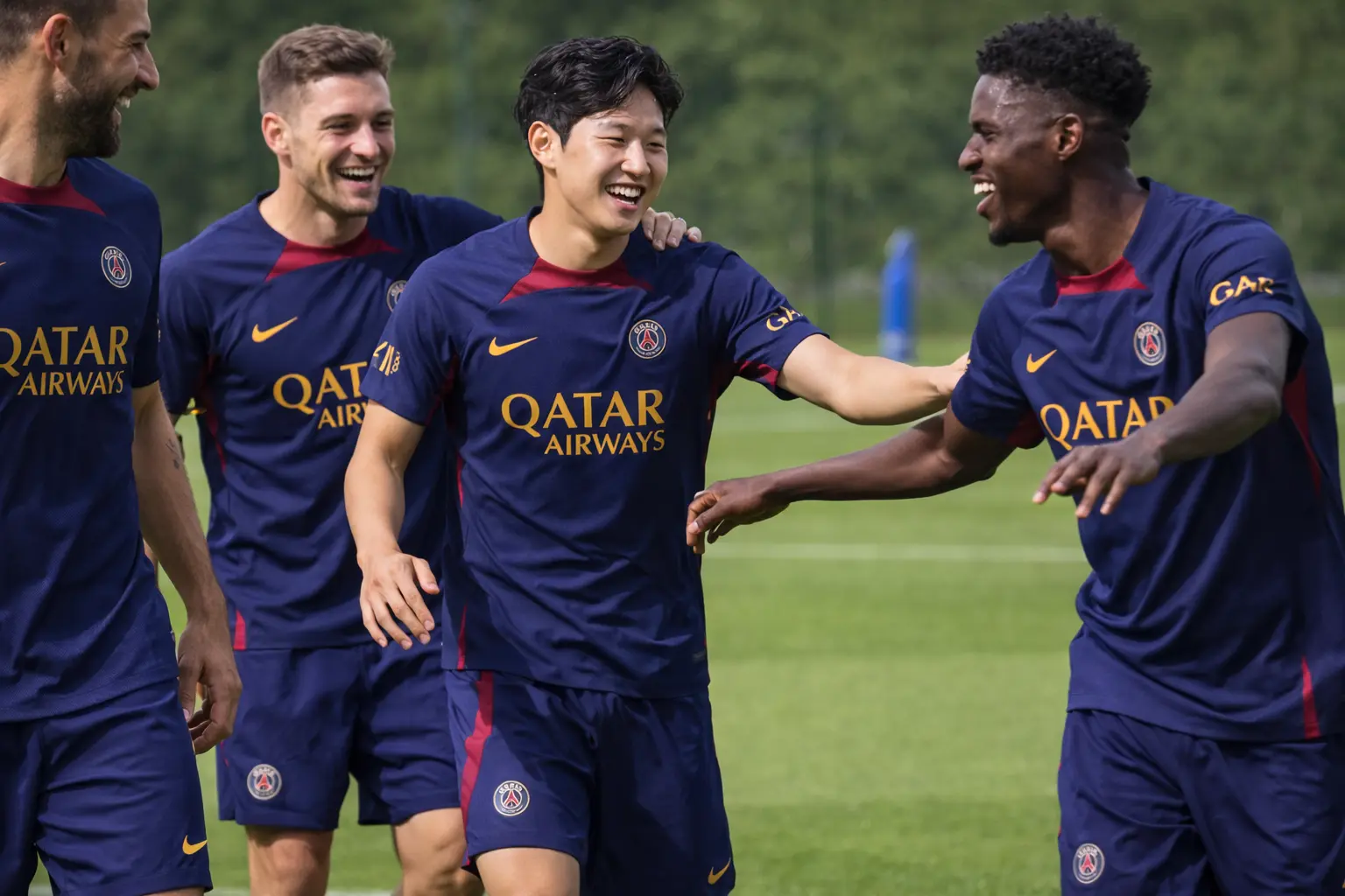 파리 생제르맹(PSG) 유니폼을 입고 동료들과 훈련하는 이강인
