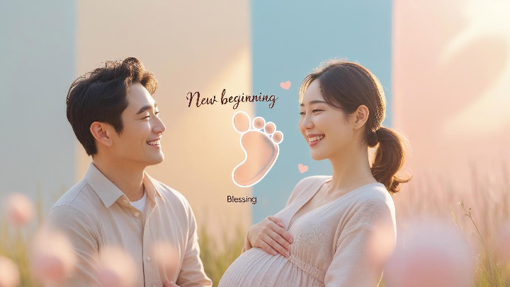 새로운 생명을 기다리는 행복한 한국인 임산부와 가족