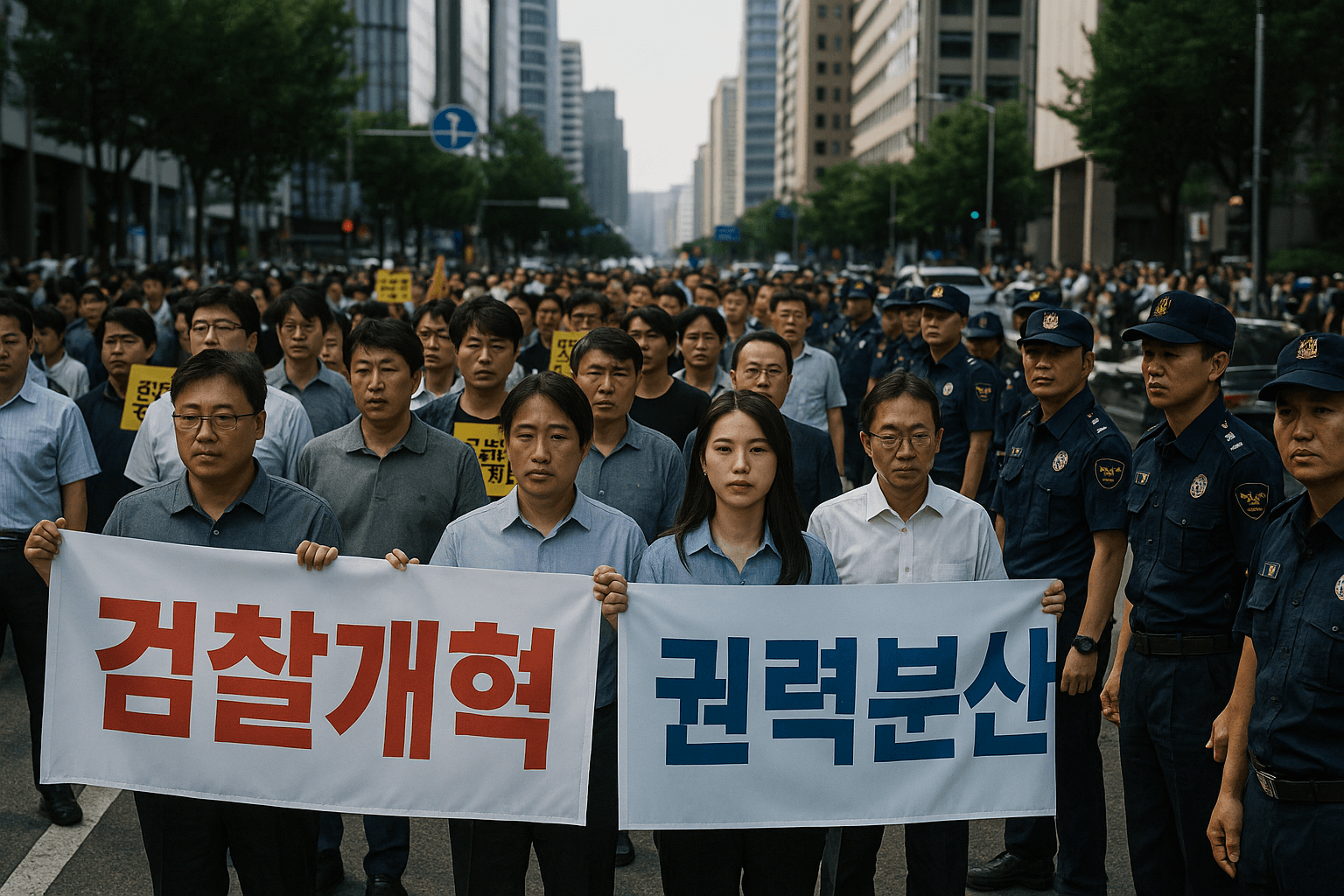 서울 도심에서 한국인 시민들이 “검찰개혁”, “권력분산”이라고 적힌 피켓을 들고 시위하는 장면 3
